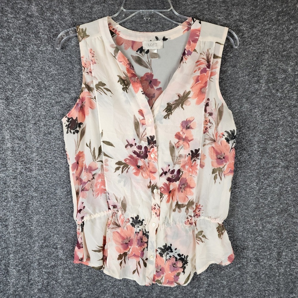 LOFT Blouse Womens S Floral Peplum Cream Pink Sleeveless Button V-Neck EUC